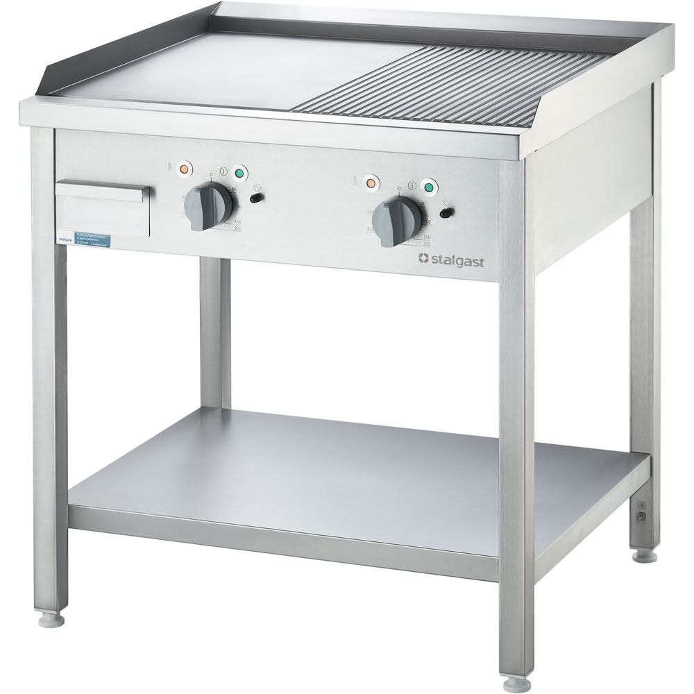 Elektro-Griddleplatte als Standgerät - ½ glatt / ½ gerillt, Unterbau offen, 800 x 700 x 850 mm (BxTx