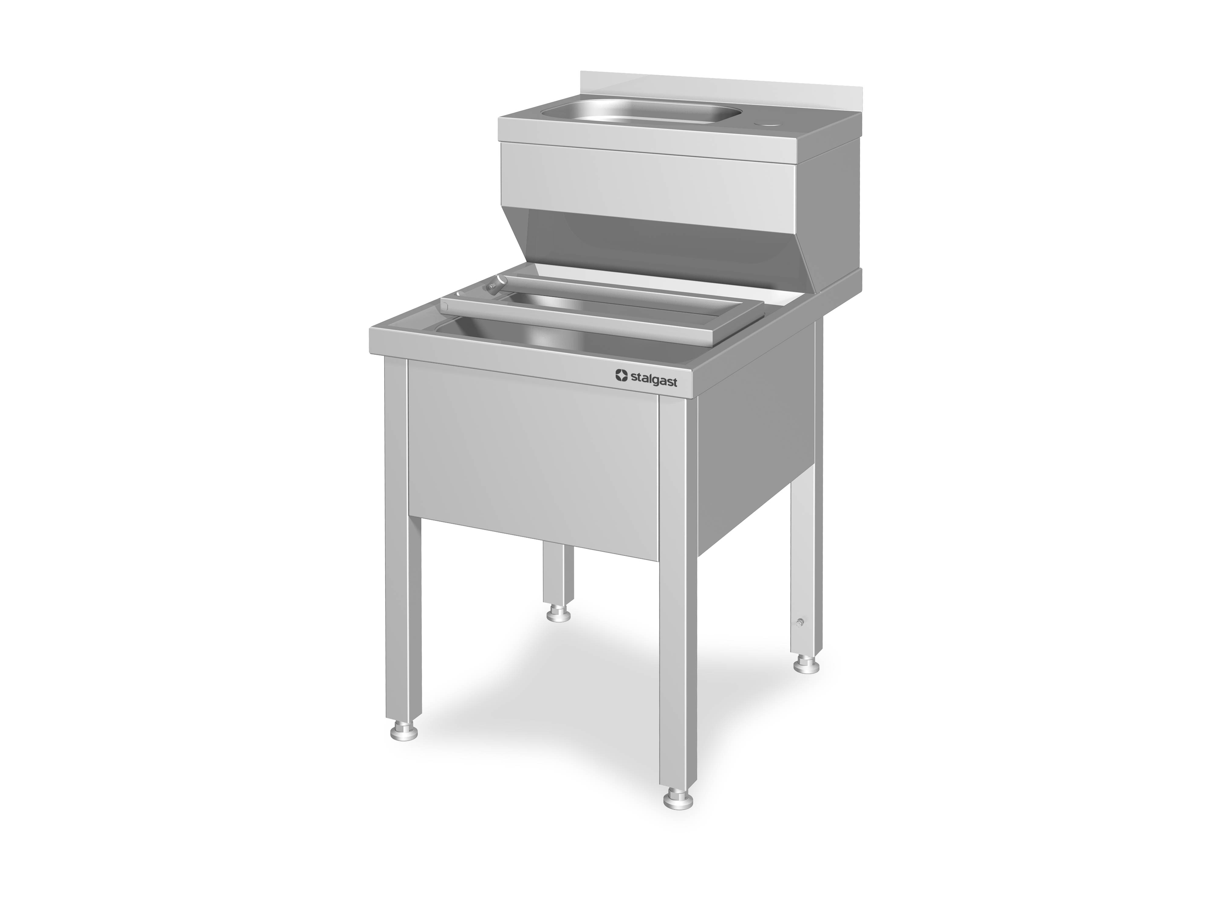 HW02-s57-v2 Handwasch- und Ausgussbecken-Kombination, mit klappbaren Abstellrost, mit Aufkantung, verschweißt