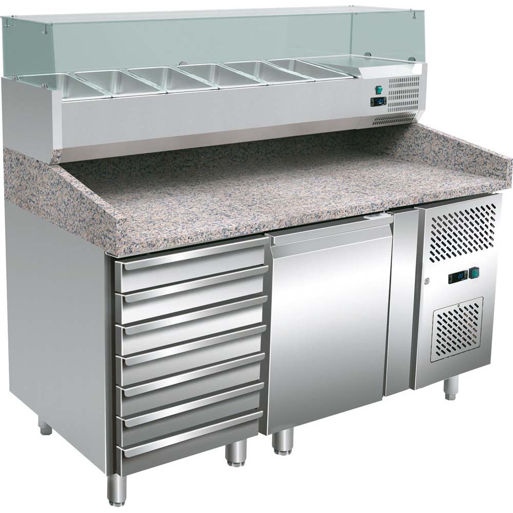 843310V02 1-tütiger Pizza-Vorbereitungstisch EN/BN 600 mm x 400 mm
 mit Kühlaufsatz und 7 Schubladen